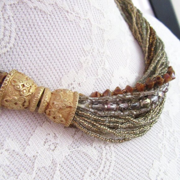 Gold beaded multi strand necklace with iridescent, clear and brown beading MCM - Picture 6 of 10
